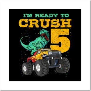 5th Birthday Monster Truck Dino 5 Years Old Bday Posters and Art